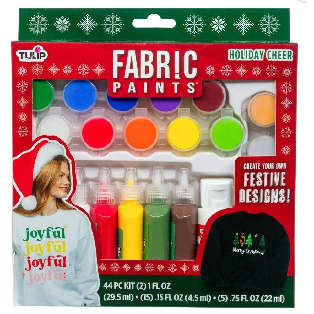 Fabric Paints Holiday Festive 44 pc Kit Brush On & Puff Paint, Glitter, Gems NEW